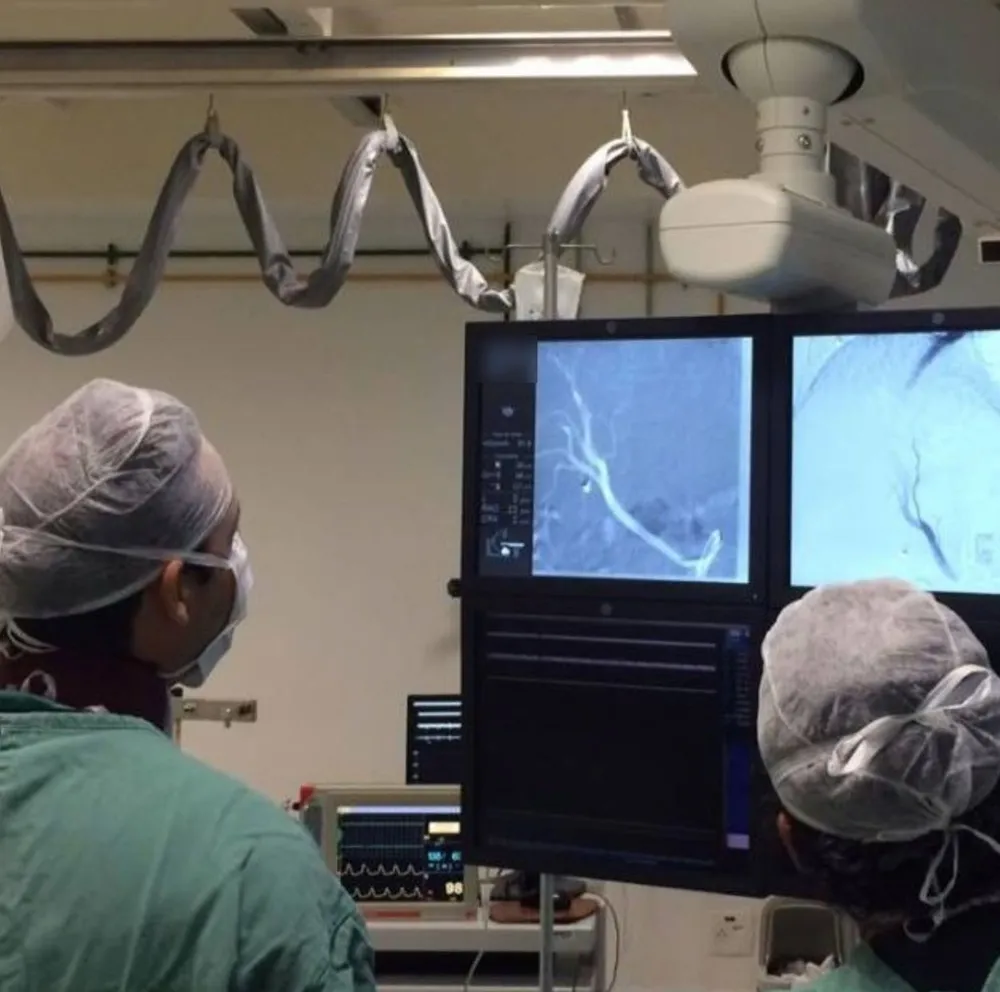 Sala de hemodinâmica: dois médicos de touca, de costas, olham os monitores que mostram a angiografia dos vasos.